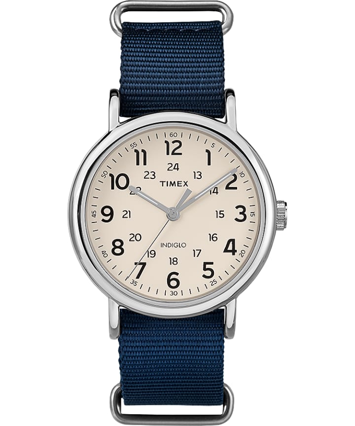 Weekender 40mm Nylon Slip-Through Strap Watch Silver-Tone/Tan/Blue large