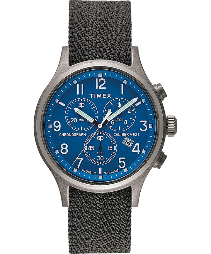 Allied Chronograph 42mm Reflective and Reversible Fabric Strap Watch Silver-Tone/Blue large