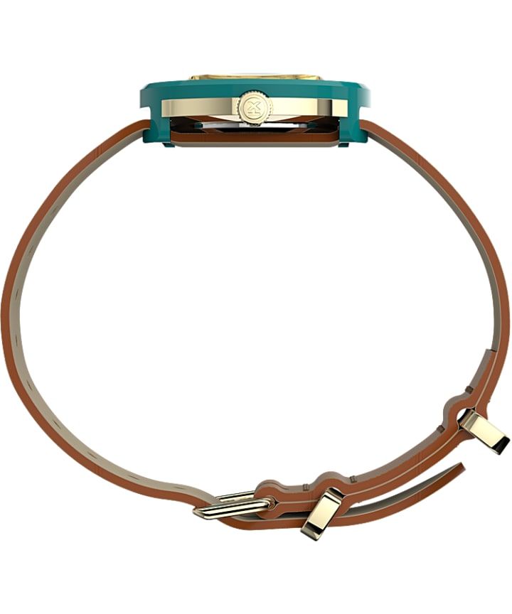 Variety™ 34mm Leather Strap Watch Blue/Tan/Gold-Tone large