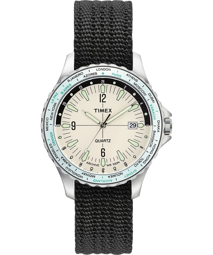 Navi World Time 38mm Fabric Strap Watch Stainless-Steel/White large