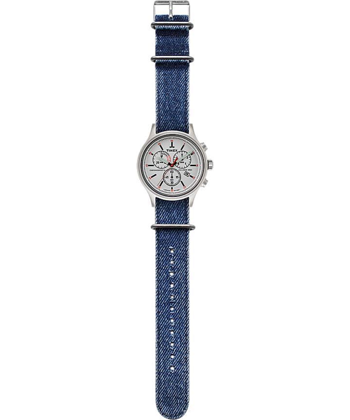 Allied Chronograph 42mm Stonewashed Denim Strap Watch Silver-Tone/Black/White large