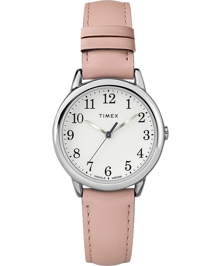Easy Reader® 30mm Leather Strap Watch Silver-Tone/Pink/White large