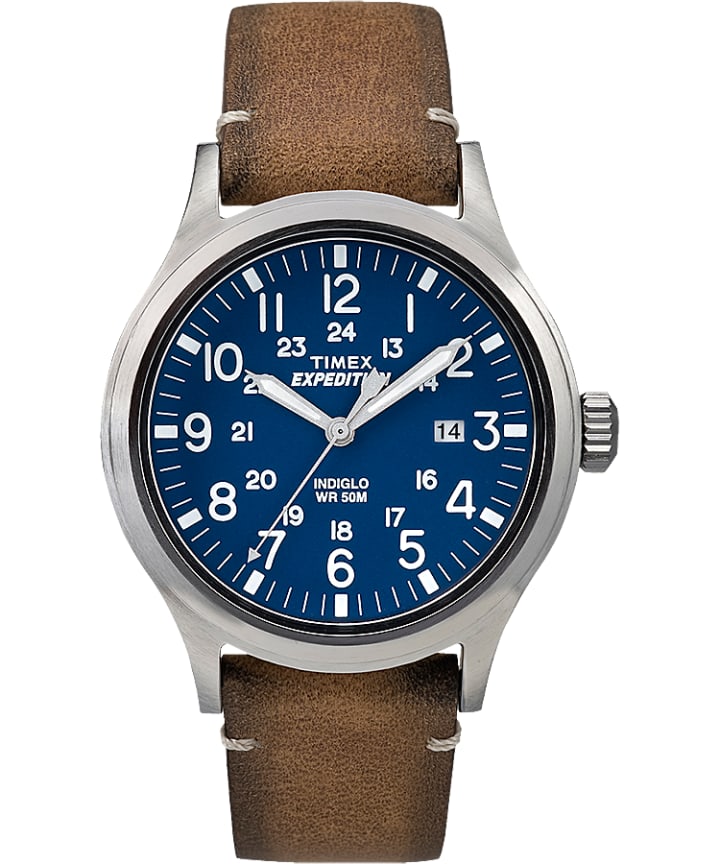 Expedition Scout 40mm Leather Strap Watch Silver-Tone/Tan/Blue large
