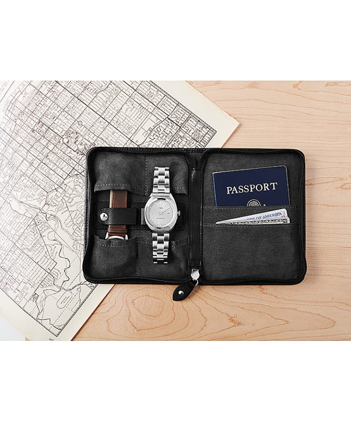 Leather Folio Case and Passport Holder For Two Watches Black large