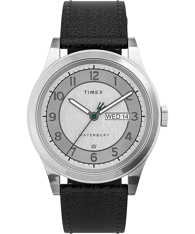 Waterbury Traditional Day-Date 39mm Leather Strap Watch Stainless-Steel/Black/Silver-Tone large