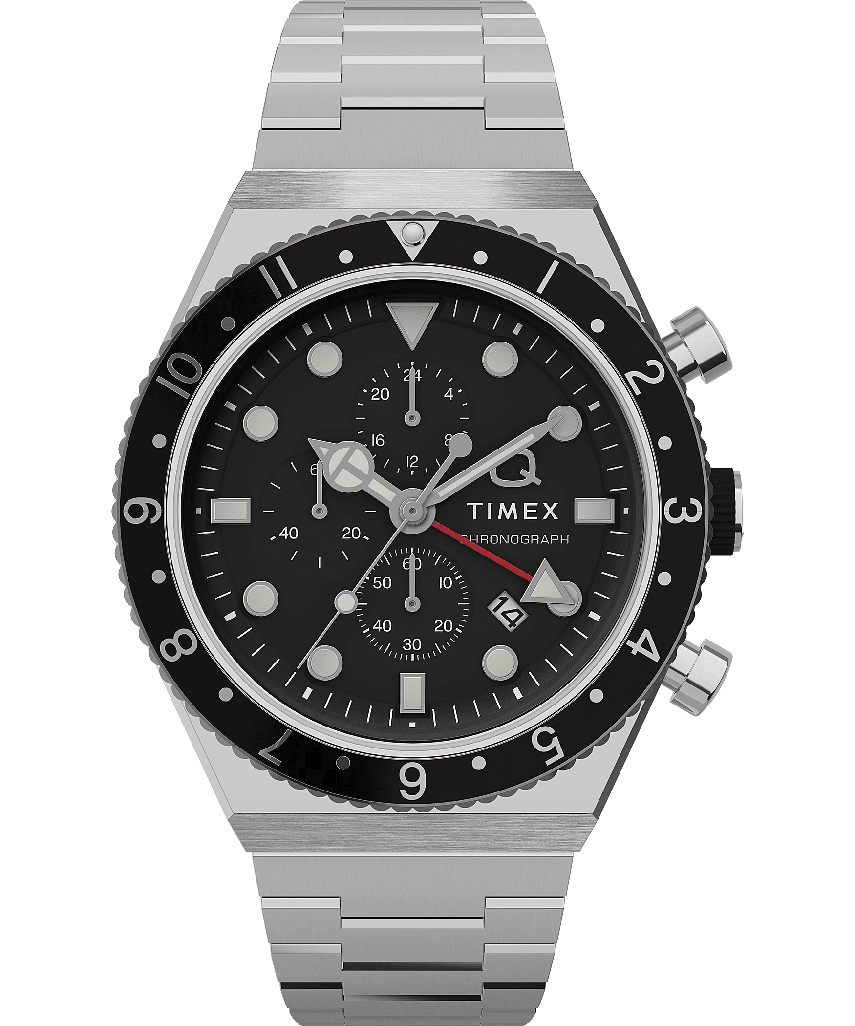 Q Timex Three Time Zone Chronograph 40mm Stainless Steel Bracelet Watch 