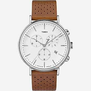 Front View of Fairfield Chronograph 41mm Leather Strap Watch Silver-Tone/Tan/White 1.0