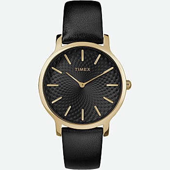Front View of Transcend™ 34mm Leather Strap Watch Gold-Tone/Black 1.0