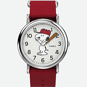 Front View of Timex x Peanuts - Snoopy 38mm Fabric Strap Watch Silver-Tone/Red/White 1.0