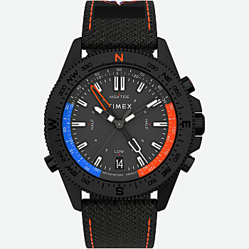 Front View of Expedition North® Tide-Temp-Compass 43mm Eco-Friendly Fabric Strap Watch Gunmetal/Black 1.0