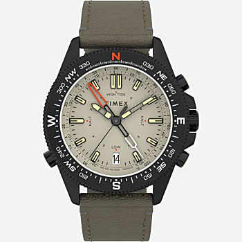 Front View of Expedition North® Tide-Temp-Compass 43mm Eco-Friendly Leather Strap Watch Black/Natural 1.0