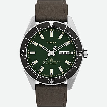 Front View of Waterbury Dive Automatic 40mm Leather Strap Watch Stainless-Steel/Brown/Green/Black 1.0