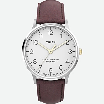Front View of Waterbury Classic 40mm Leather Strap Watch Stainless-Steel/White 1.0
