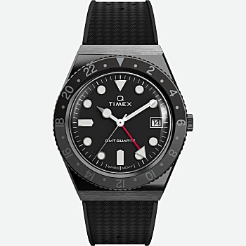 Front View of Q Timex GMT 38mm Synthetic Rubber Strap Watch Gunmetal/Black 1.0