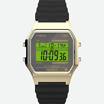 Front View of Timex T80 34mm Resin Strap Watch Gold-Tone/Black 1.0