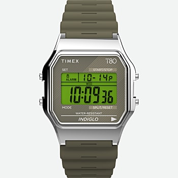 Front View of Timex T80 34mm Resin Strap Watch Silver-Tone/Green 1.0