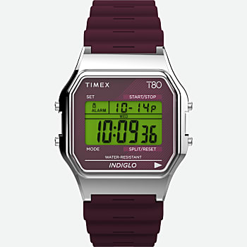 Front View of Timex T80 34mm Resin Strap Watch Silver-Tone/Burgundy 1.0