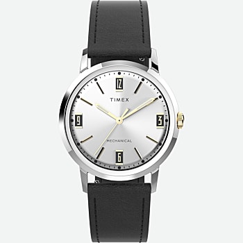 Front View of Marlin® Hand-Wound 34mm Leather Strap Watch Stainless-Steel/Black/Silver-Tone 1.0