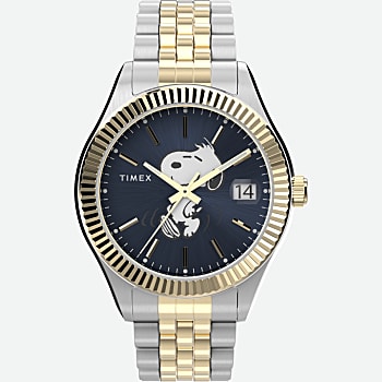 Front View of Timex Legacy x Peanuts 34mm Stainless Steel Bracelet Watch Two-Tone/Blue 1.0
