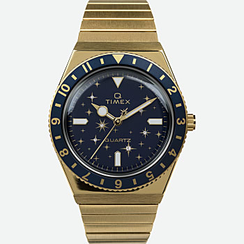 Front View of Q Timex Celestial 36mm Stainless Steel Expansion Band Watch Gold-Tone/Blue 1.0