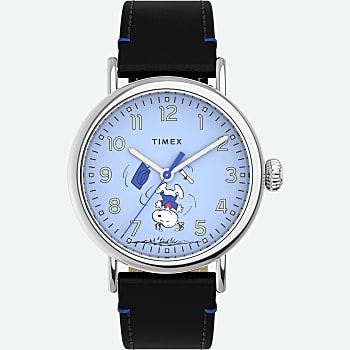 Front View of Timex Standard x Peanuts Featuring Snoopy Graduation 40mm Leather Strap Watch Silver-Tone/Black/Blue 1.0