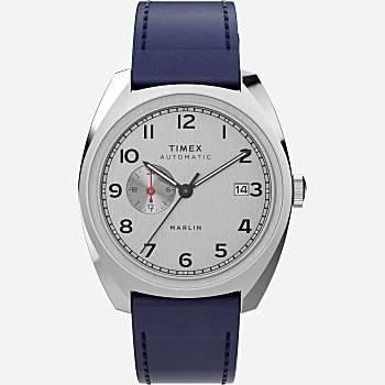 Front View of Marlin® Sub-Dial Automatic 39mm Leather Strap Watch Stainless-Steel/Blue/Silver-Tone 1.0