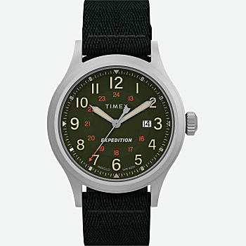 Front View of Expedition North® Sierra 40mm Recycled Materials Fabric Strap Watch Silver-Tone/Black/Green 1.0