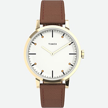 Front View of Midtown 36mm Leather Strap Watch Gold-Tone/Brown/Cream 1.0