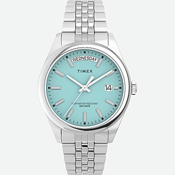 Front View of Legacy Day and Date 36mm Stainless Steel Bracelet Watch Silver-Tone/Blue 1.0