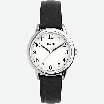 Front View of Easy Reader® 30mm One-Time Adjustable Leather Strap Watch Silver-Tone/Black/White 1.0