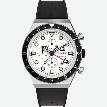 Front View of Q Timex Three Time Zone Chronograph 40mm Synthetic Rubber Strap Watch Stainless-Steel/Black/White 1.0