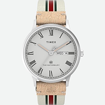 Front View of Waterbury Classic 40mm Mixed Material Strap Watch Stainless-Steel/White/Gray 1.0