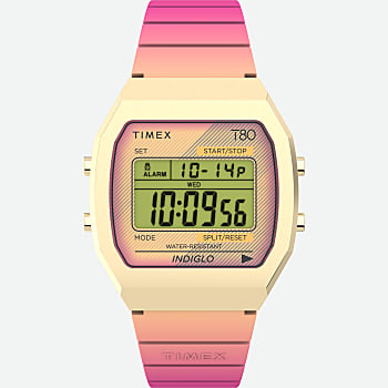 Front View of Timex T80 Steel 36mm Resin Strap Watch Gold-Tone/Pink 1.0