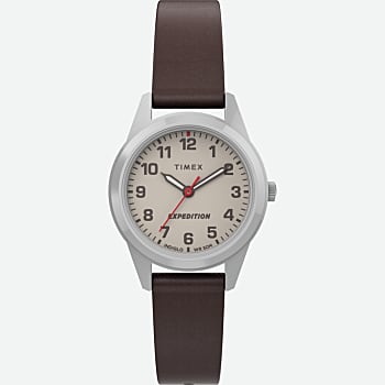 Front View of Expedition® Field Mini 26mm Leather Strap Watch IP-Steel/Brown/Cream 1.0