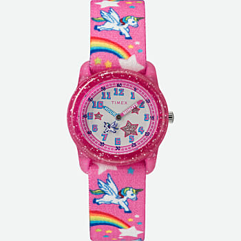 Front View of TIMEX TIME MACHINES® 29mm Rainbow Unicorn Pink Elastic Fabric Kids Watch Pink/White 1.0