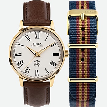 Front View of Timex X Brooks Brothers Gold Tone Marlin Automatic 38mm Leather Strap and Fabric Strap Set Stainless-Steel/Brown/Cream 1.0