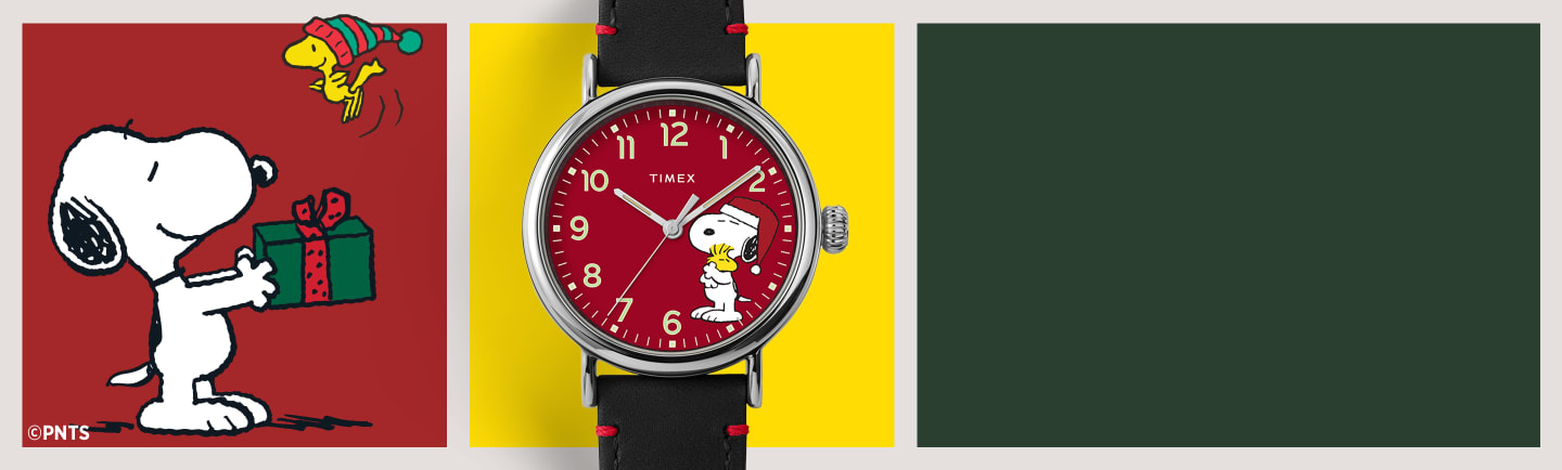 Timex Standard x Peanuts Featuring Snoopy Holiday Leather Strap Watch.