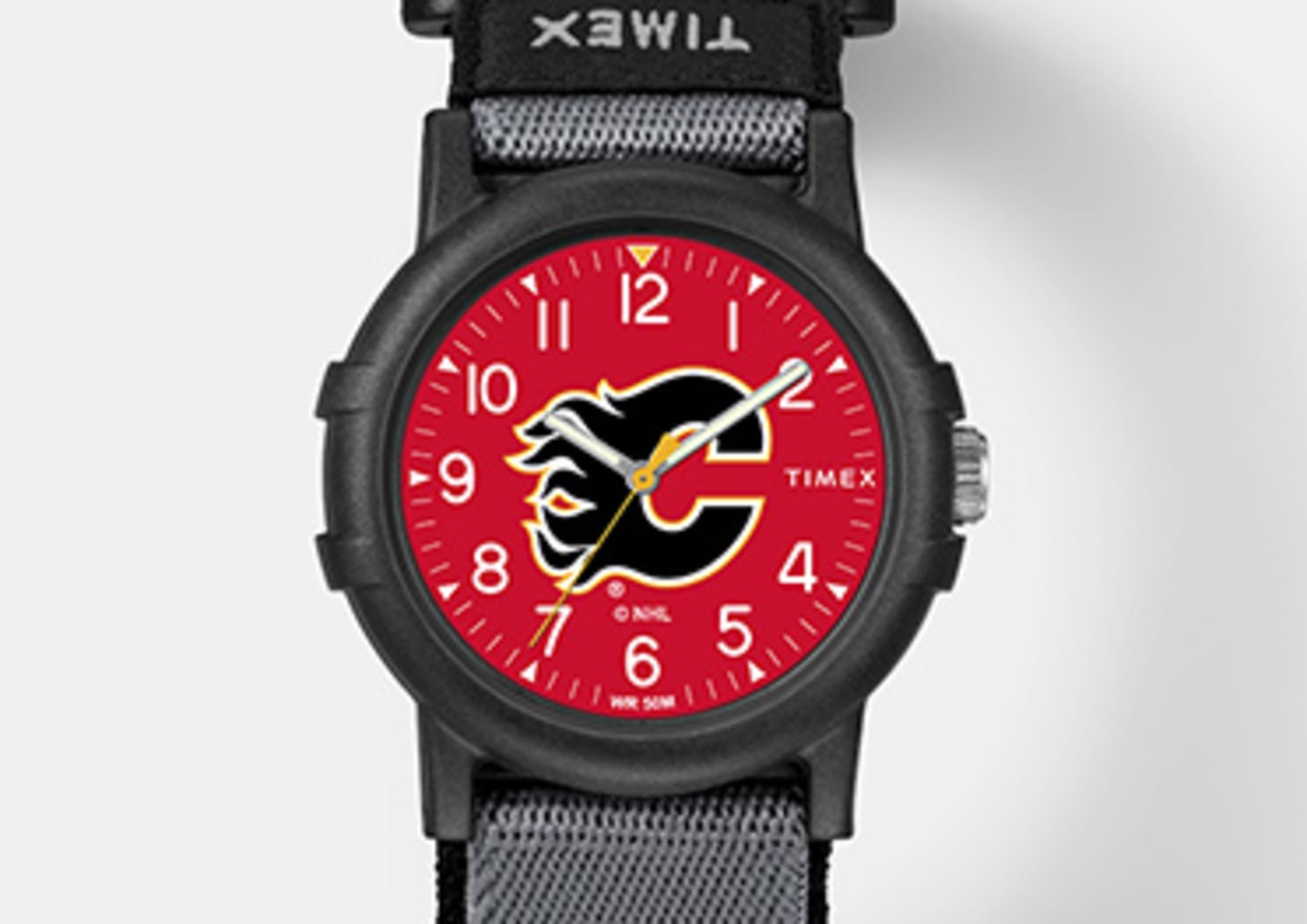 Black Calgary Flames watch with logo in the center emphasizing kid's watches