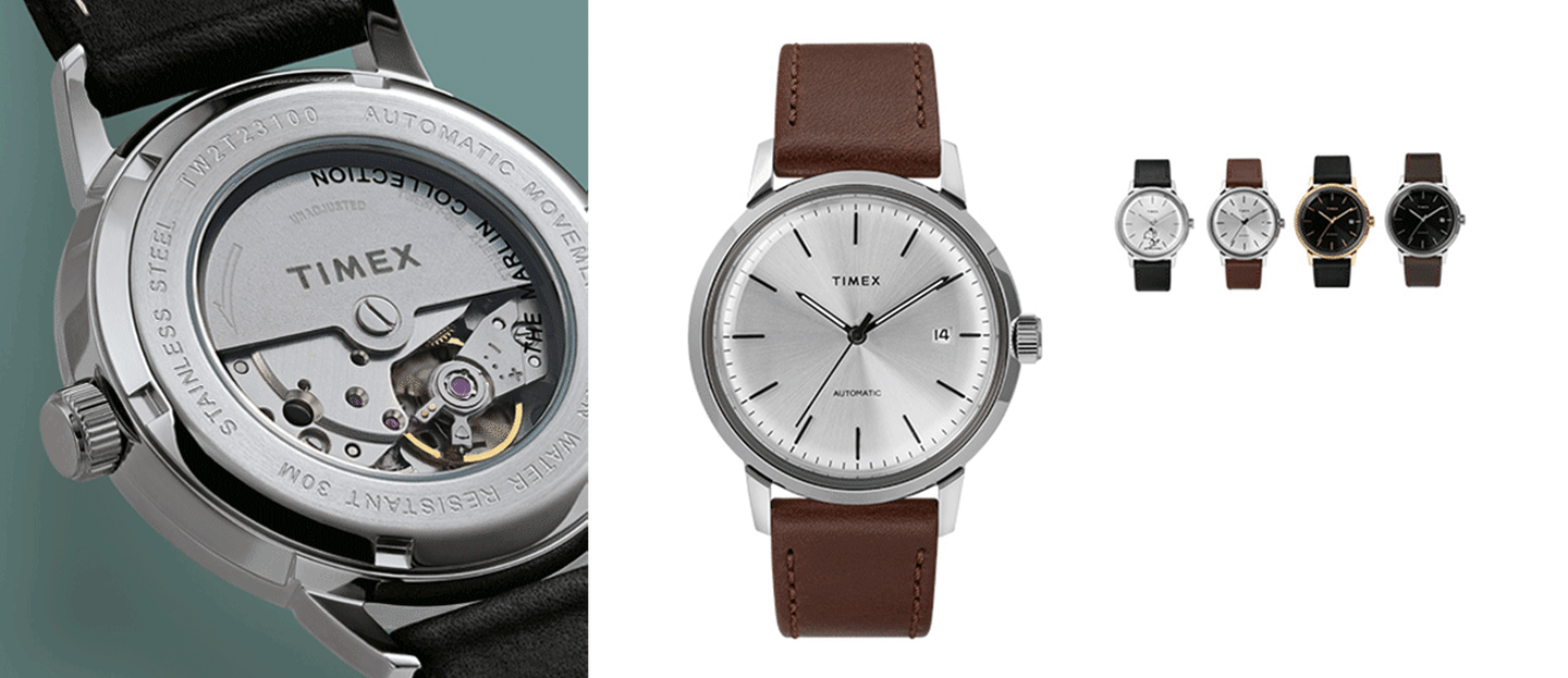 Zwei Waterbury Uhren mit schwarzen Lederarmbändern und silbernen Gehäusen an zwei verschiedenen Personen und eine silberne Waterbury mit grauem Armband.