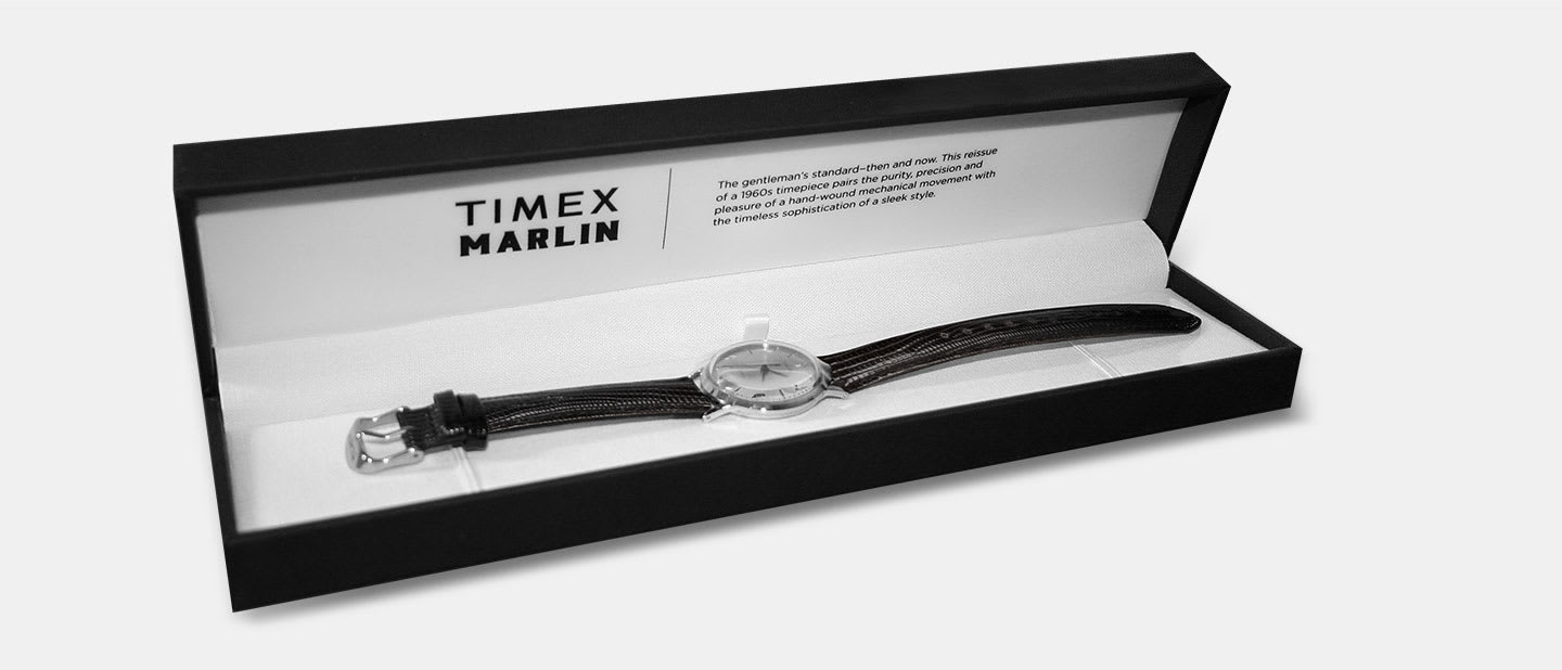 The Gentleman's Hand Wound Timex Silver Marlin Watch with black leather strap in box with quote