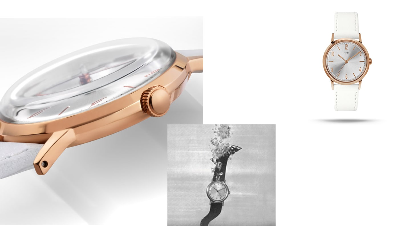 The Ladies Hand Wound with rose gold face and white leather