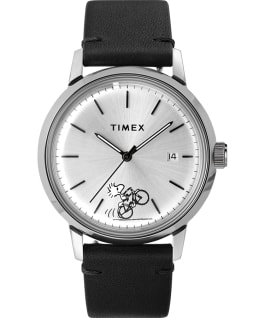 Timex Marlin Automatic x Peanuts Featuring Woodstock 40mm Leather Strap Watch Stainless-Steel/Black large
