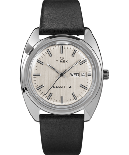 Q Timex 1978 Reissue Day Date 37mm Leather Strap Watch Stainless-Steel/Black/Silver-Tone large