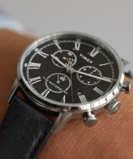 Waterbury Classic Chronograph with Roman Numerals 40mm Leather Strap Watch Stainless-Steel/Black large