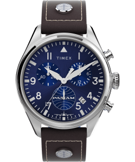 Timex X PanAm Chronograph 42mm Leather Strap Watch Stainless-Steel/Brown/Blue large