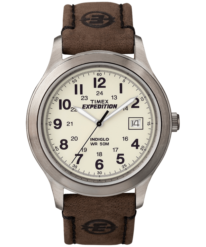 Expedition Metal Field 37mm Leather Strap Watch Silver-Tone/Brown/Natural large