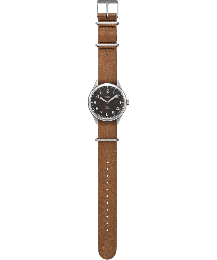 Waterbury United 38mm Stonewashed Leather Strap Watch Silver-Tone/Brown/Black large