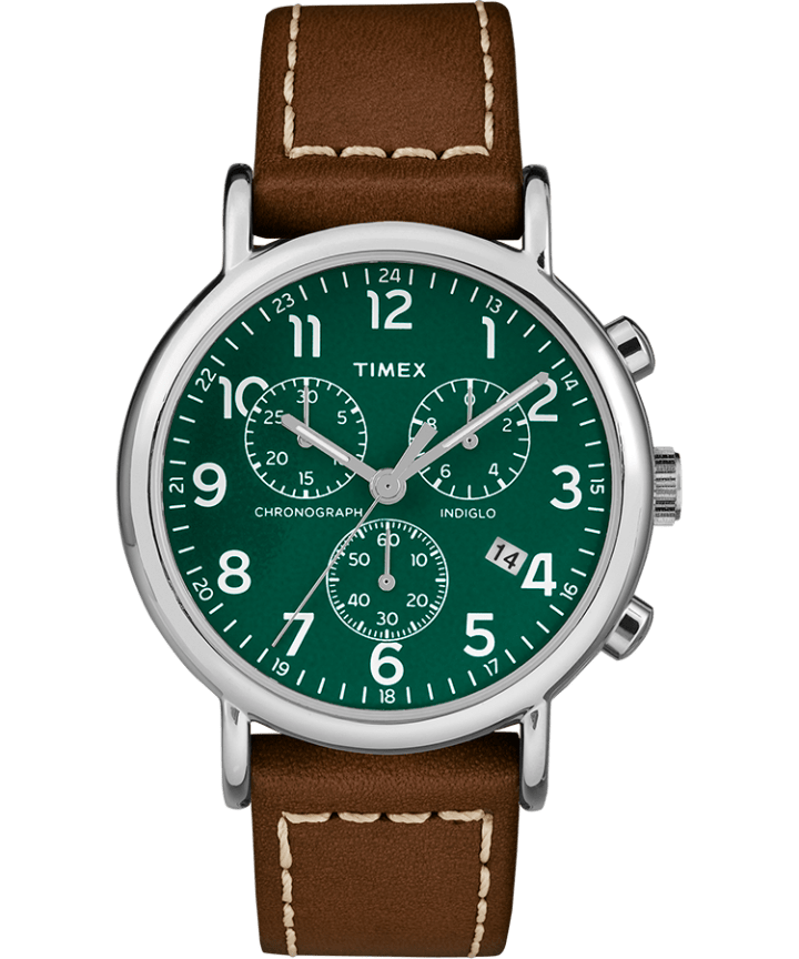 Weekender Chronograph 40mm 2-Piece Leather Strap Watch Silver-Tone/Brown/Green large