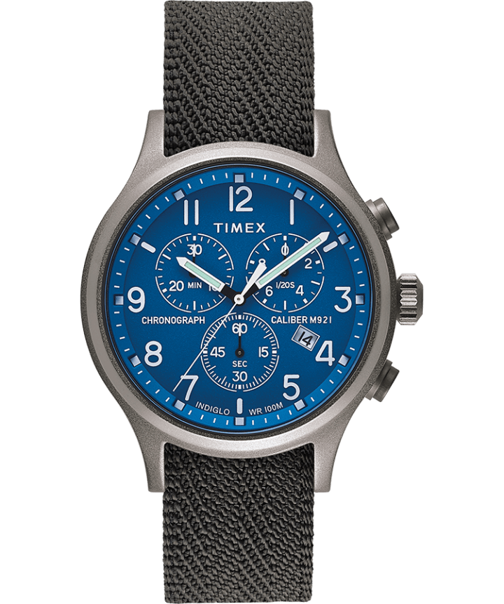 Allied Chronograph 42mm Reflective and Reversible Fabric Strap Watch Silver-Tone/Blue large