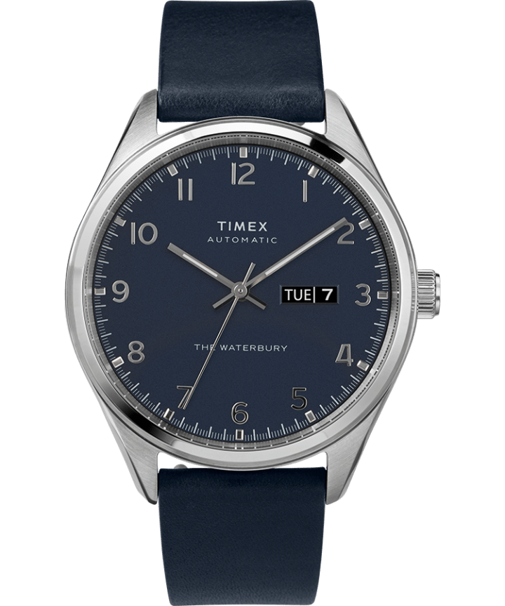 Waterbury Traditional Automatic Day-Date 42mm Leather Strap Watch Stainless-Steel/Blue large
